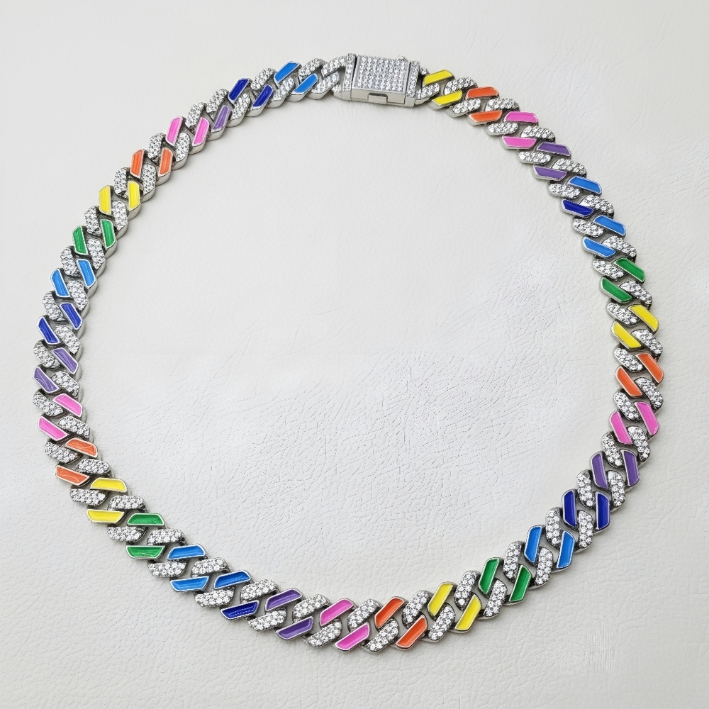 Iced Out Rainbow Men's Necklace 20" Stainless Steel Cuban Link